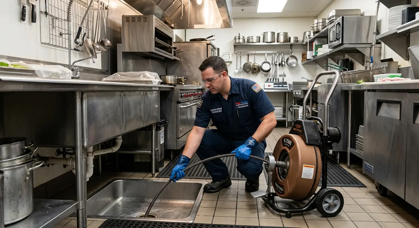 Commercial drain cleaning service in a restaurant kitchen in Hamburg