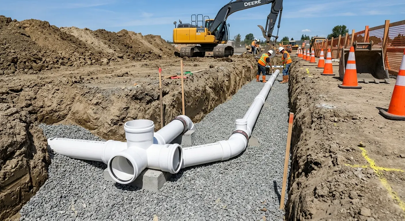 New PVC sewer pipe installation in open trench for Commercial Drain Cleaning in Hamburg